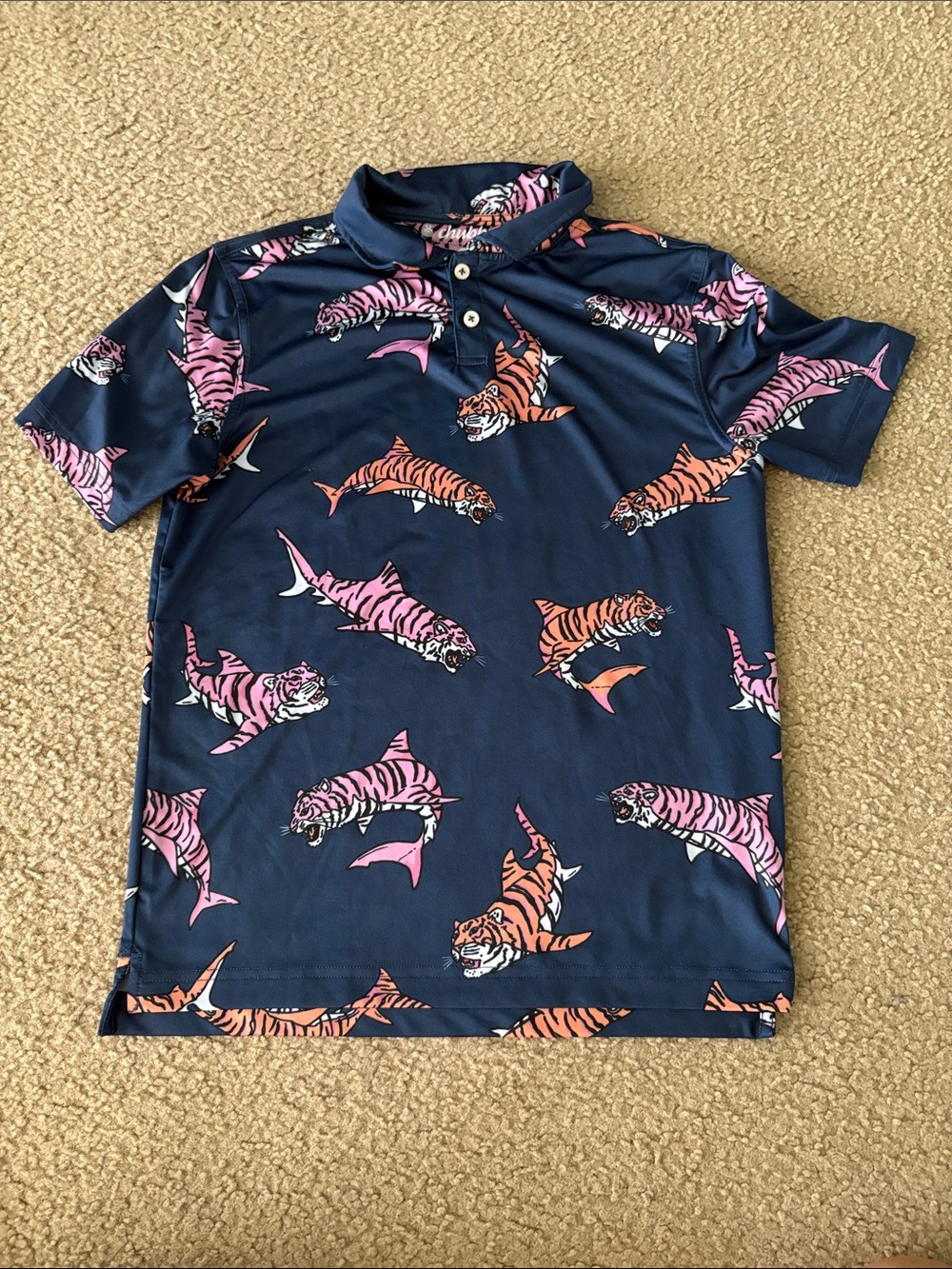 chubbies Navy Polo with Pink & Orange Tiger-Shark Print